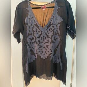 Johnny Was Black Harley Short Sleeve V Neck georgette blouse top Shirt SMALL